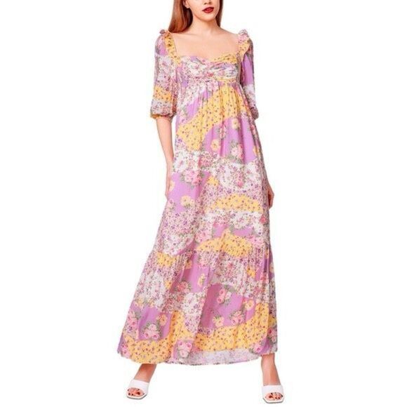 ✨Betsey Johnson Spring Maxi Sz Small Dress Smocked Lavender Floral Patchwork✨ - Picture 1 of 9